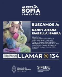 Activaron la Alerta Sofía para buscar a Nancy Aitana Ybarra, una niña de 3 años desaparecida en San Luis
